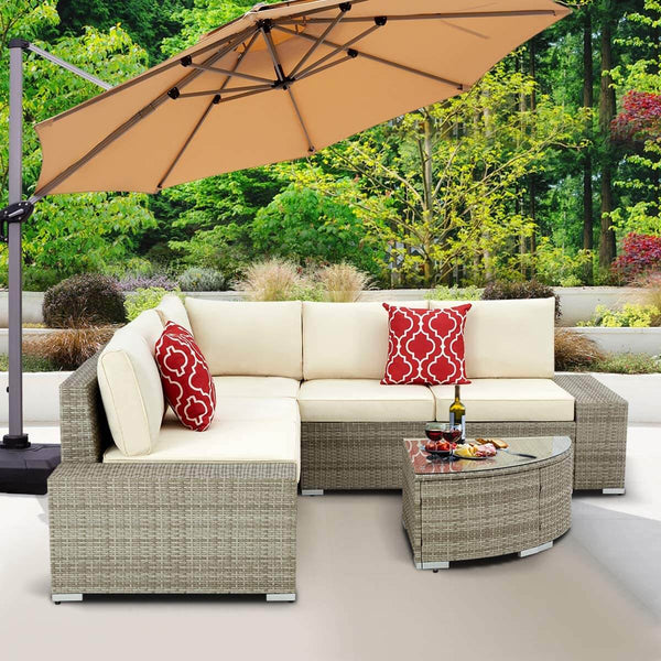 6 Pcs Outdoor Patio Sectional Furniture Set, PE Rattan All Weather Wicker Sofa Set with Cushions Arc-Shaped Table, Gray