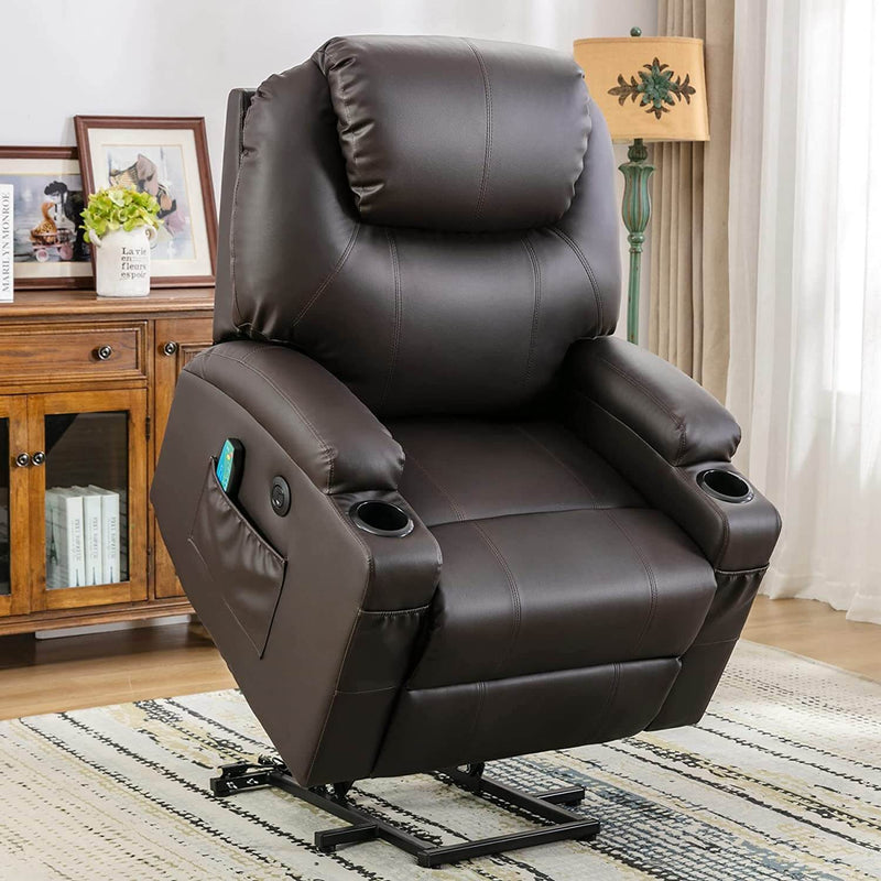 Power Lift Recliner Chair with Massage & Heat for Elderly, Leather Electric Recliner with 4 Side Pockets, Cup Holders & USB Port (Brown)