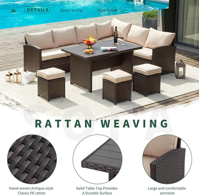 7 Pcs Patio Sectional Dining Set All Weather Outdoor Rattan Furniture w/ Ottoman, Cushion