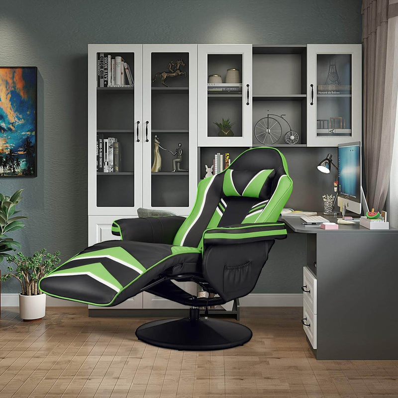 Gaming Chair Recliner Ergonomic Racing Chair with Vibration Massage Adjustable Backrest and Footrest, Swivel Faux Leather Office Chair, Green