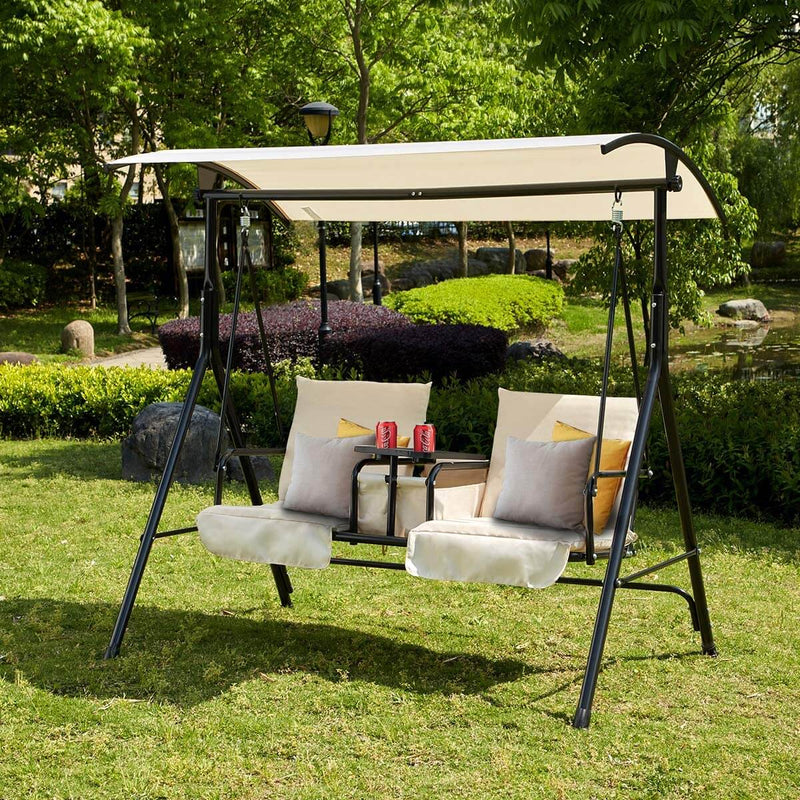 2 Person Patio Porch Swing Outdoor Swing Chair with Adjustable Tilt Canopy, Table and Storage Console, Beige