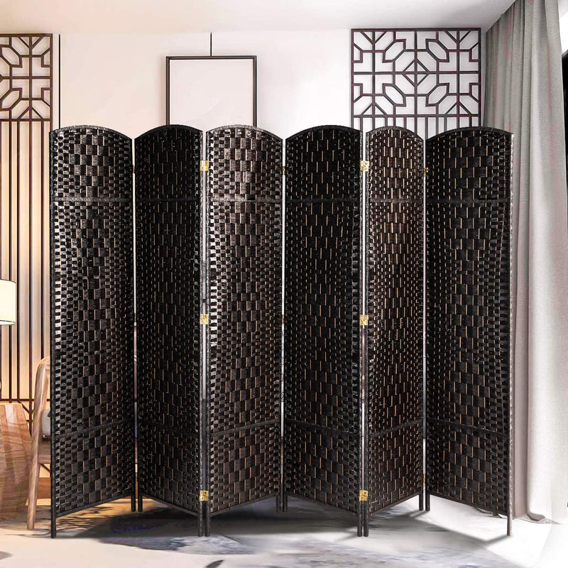 Wooden Room Divider Weave Fiber Room Separator Screen Double Hinged Folding Privacy Screens 6 Panels