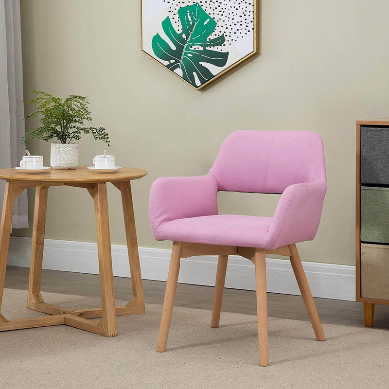 Modern Living Dining Room Accent Arm Chairs, Fabric Mid-Century Upholstered Seat with Solid Wood Legs, Pink