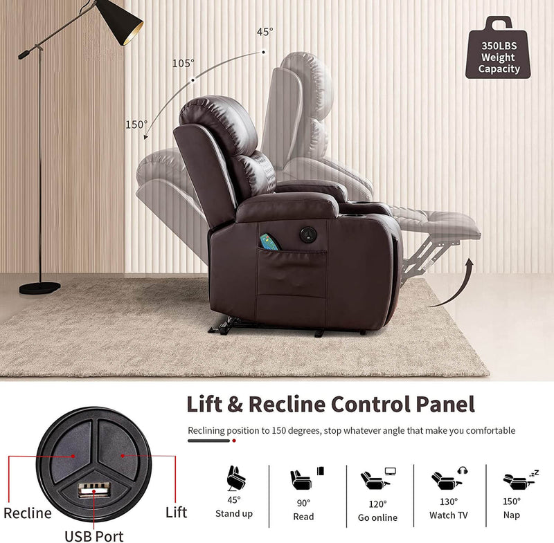 Power Lift Recliner Chair with Heated & Vibration Massage for Elderly, PU Leather Electric Recliner Sofa with Diamond Lattice Backrest Design(Brown)