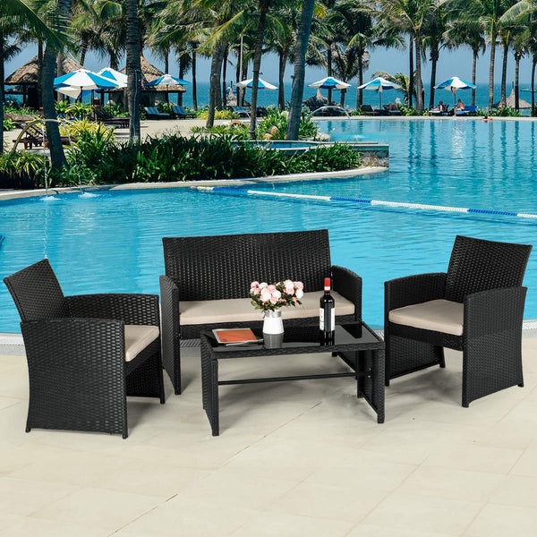 4-Piece Wicker Outdoor Patio Furniture Sets Rattan Patio Conversation Furniture Sets Wicker Chair Set with Cushion for Porch Garden Poolside with Coffee Table, Black