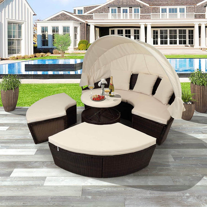 Patio Round Daybed Furniture Set with Retractable Canopy, Coffee Table & Cushions, Outdoor Wicker Rattan Sectional Sofa Set, Beige