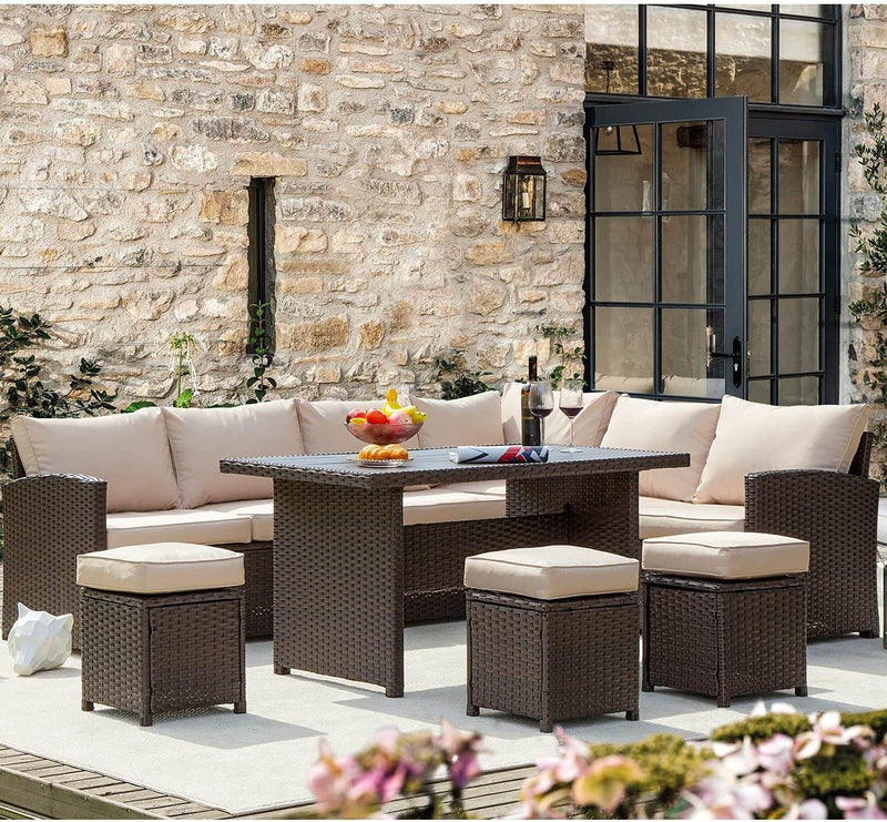 7 Pcs Patio Sectional Dining Set All Weather Outdoor Rattan Furniture w/ Ottoman, Cushion
