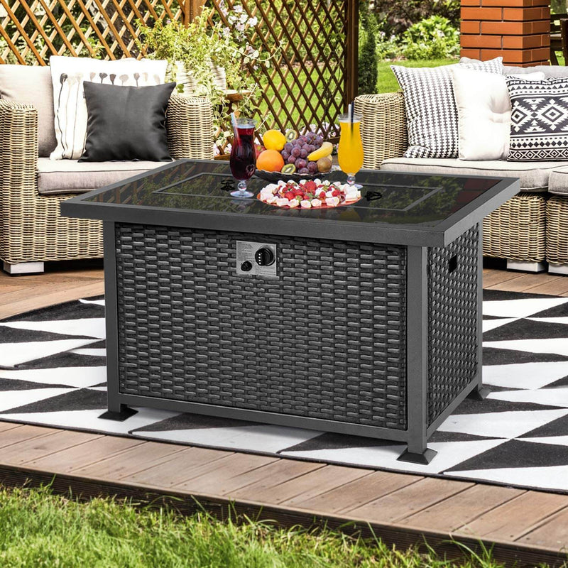 44in Propane Gas Fire Pit Table, Auto-Ignition Gas Firepit with Glass Windguard, Black Tempered Glass Tabletop & Glass Stone, Black Rattan
