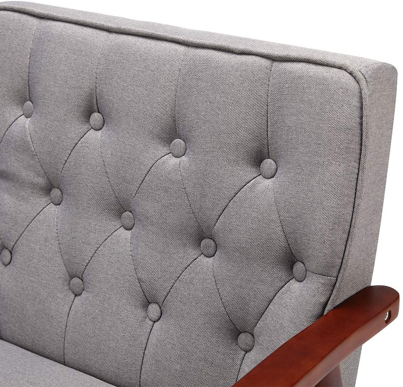 Mid-Century Retro Lounge Accent Chair Faux Leather Tufted Back Wooden Arm Chair Grey Fabric