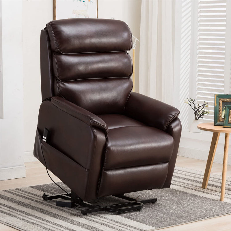 Dual Motor Electric Power Recliner Lift Chair, Linen Fabric Electric Recliner for Elderly, Heated Vibration Massage Sofa with Side Pockets & Remote Control, Red Brown