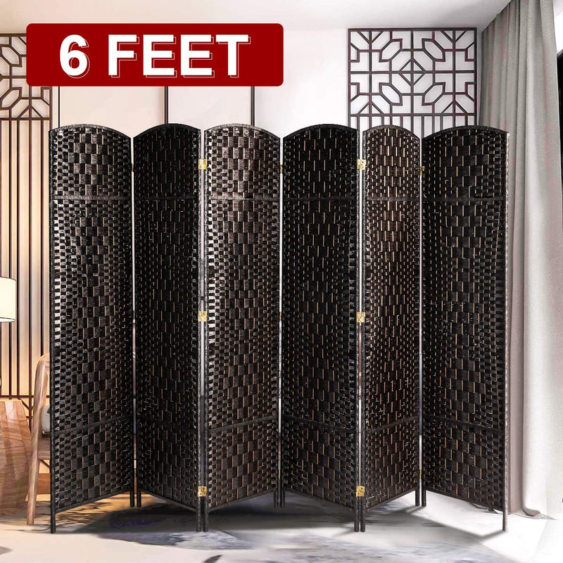 Wooden Room Divider Weave Fiber Room Separator Screen Double Hinged Folding Privacy Screens 6 Panels