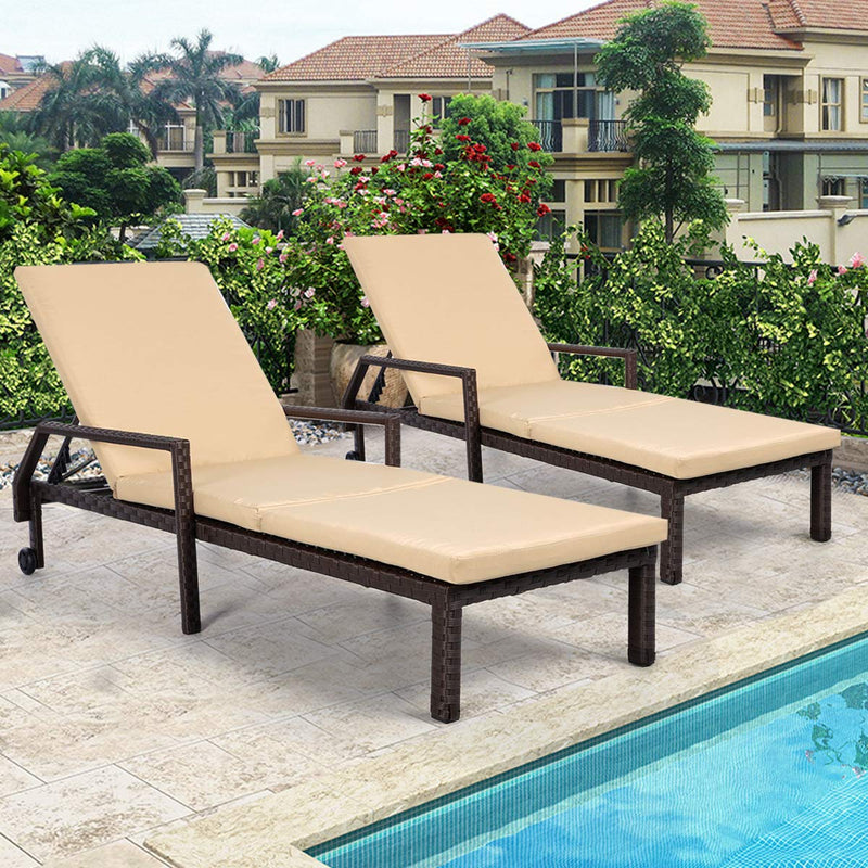 Adjustable Outdoor Chaise Lounge Chair Rattan Wicker Patio Lounge Chair Set of 2 with Cushion and Wheels,Brown