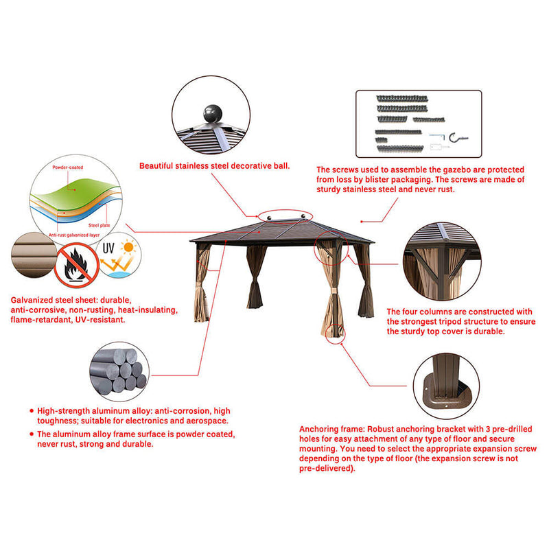 10 x 13ft Outdoor Galvanized Steel Hardtop Gazebo Canopy Aluminum Frame Pergolas with Netting Curtains