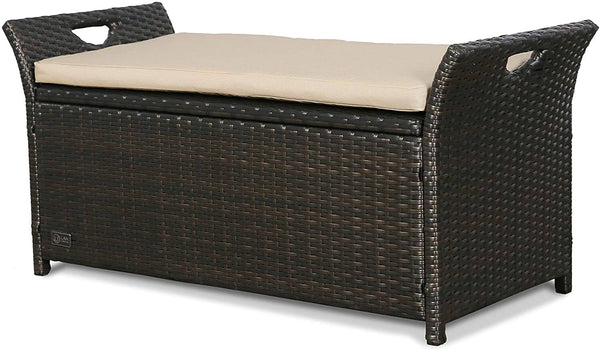 Outdoor Storage Bench with Wing Handles, Rattan Style Deck Box with Beige Cushion