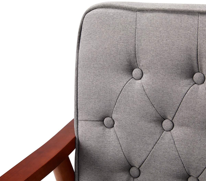 Mid-Century Retro Fabric Loveseat Accent Chair Tufted Back Living Room Sofa Wooden Arm Chair Grey