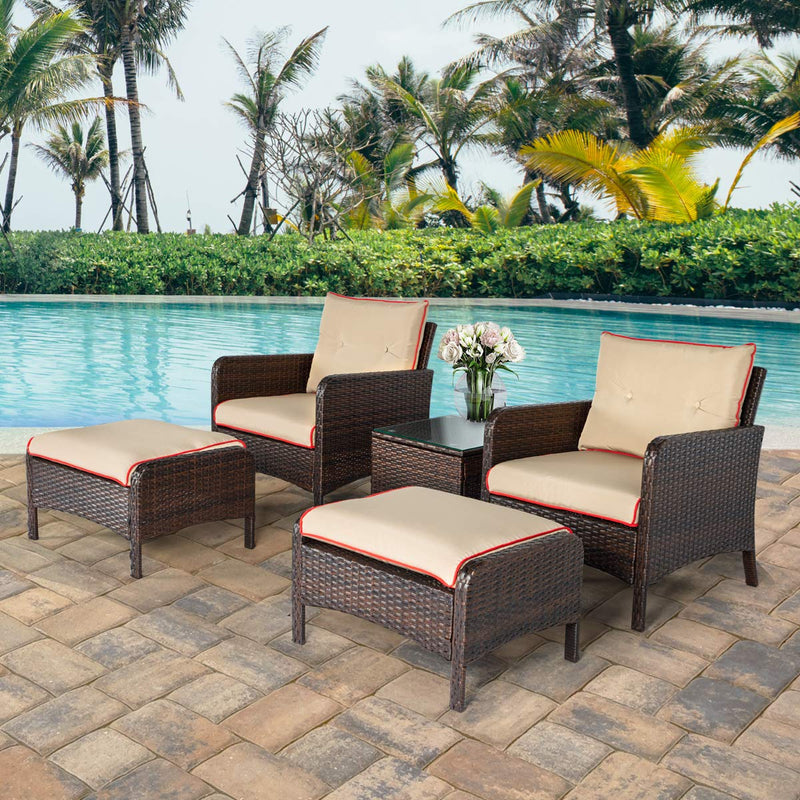 5 Pcs Patio Furniture Set Outdoor Chair and Ottoman Set with Cushions & Side Table PE Wicker Rattan