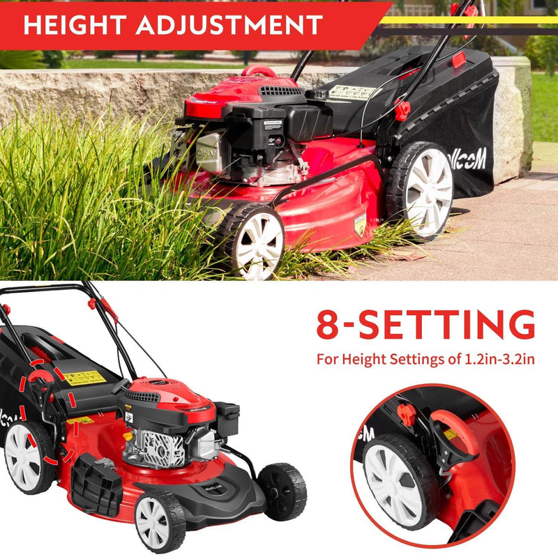 Mellcom Gas Lawn Mower Trimming Mower, 4-in-1 Rear Wheel Drive Trimmer with 16 Gal Grass Box, 8 Adjustable Mower Heights, Adjustable & Foldable Handlebars