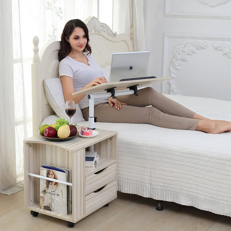 Bedside Table Height Adjustable End Table, Wooden Nightstand with Swivel Top, Storage Drawers & Universal Wheels, White Maple