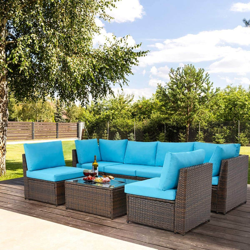 7 Pcs Patio Furniture Set, Wicker Rattan Conversation Sets, Outdoor Small Sectional Sofa Set, Blue Cushion
