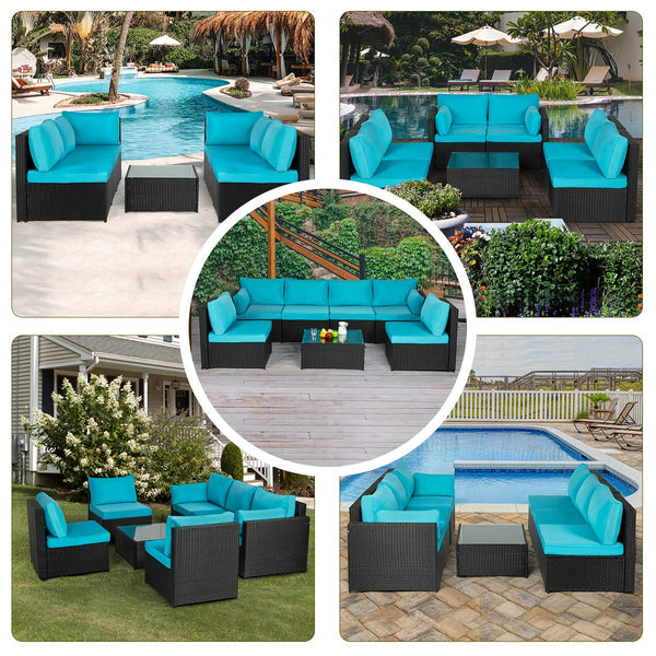 7 Pcs Outdoor Sectional Rattan Furniture Set, Patio Conversation Sets Wicker Sofa Set with Blue Cushion