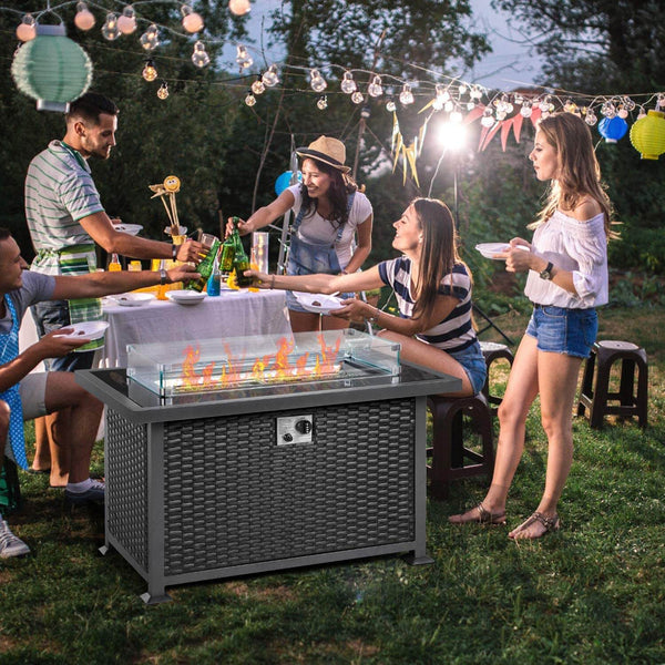 44in Propane Gas Fire Pit Table, Auto-Ignition Gas Firepit with Glass Windguard, Black Tempered Glass Tabletop & Glass Stone, Black Rattan