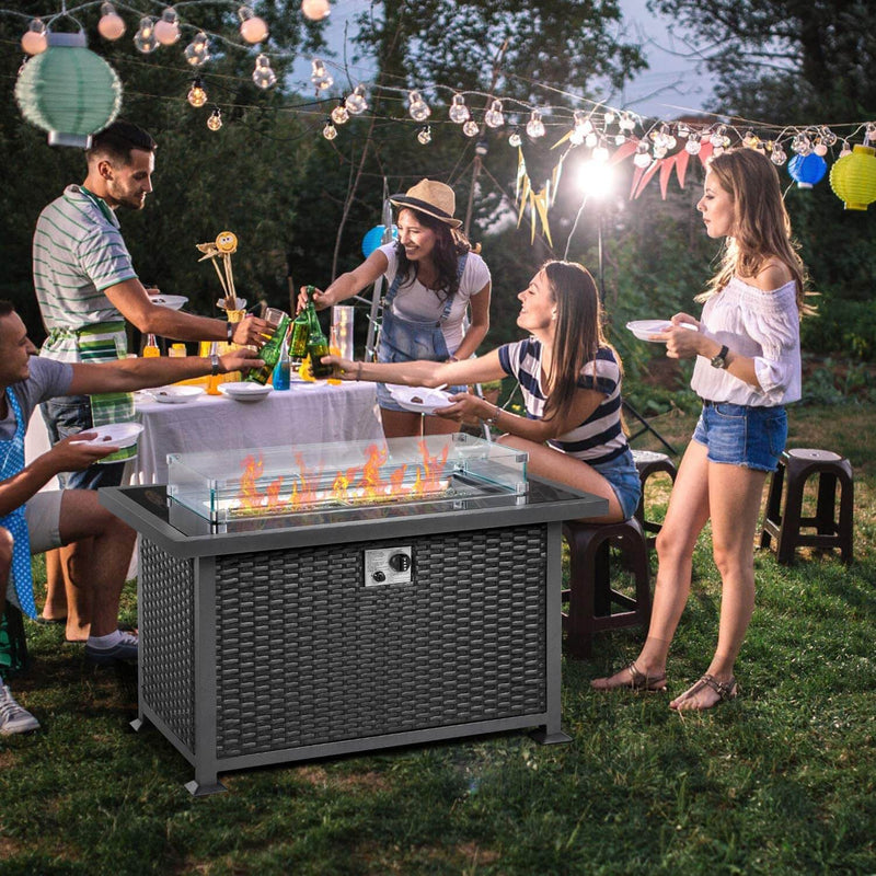 44in Propane Gas Fire Pit Table, Auto-Ignition Gas Firepit with Glass Windguard, Black Tempered Glass Tabletop & Glass Stone, Black Rattan