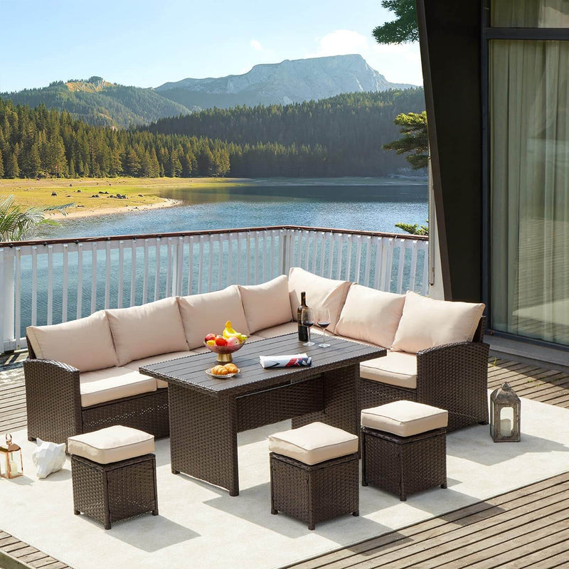 7 Pcs Patio Sectional Dining Set All Weather Outdoor Rattan Furniture w/ Ottoman, Cushion