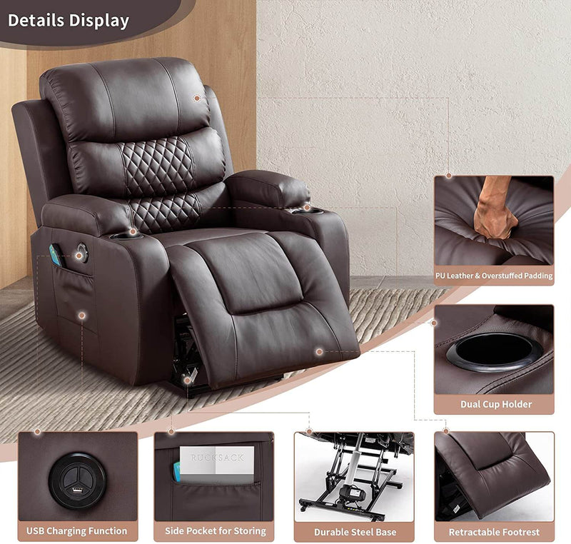 Power Lift Recliner Chair with Heated & Vibration Massage for Elderly, PU Leather Electric Recliner Sofa with Diamond Lattice Backrest Design(Brown)
