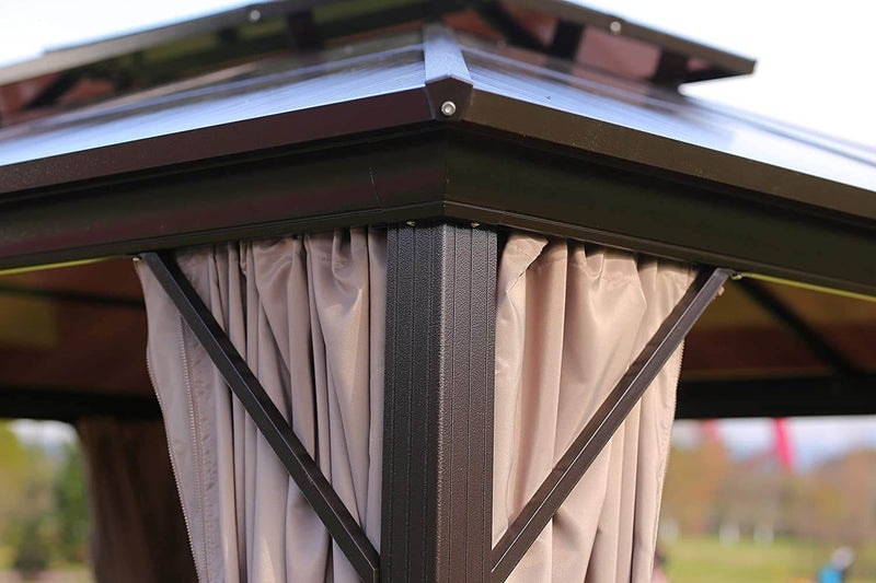 Patio Hardtop Gazebo, 10 x 13ft Double Roof Gazebos Aluminum Gazebo with Netting & Curtains
