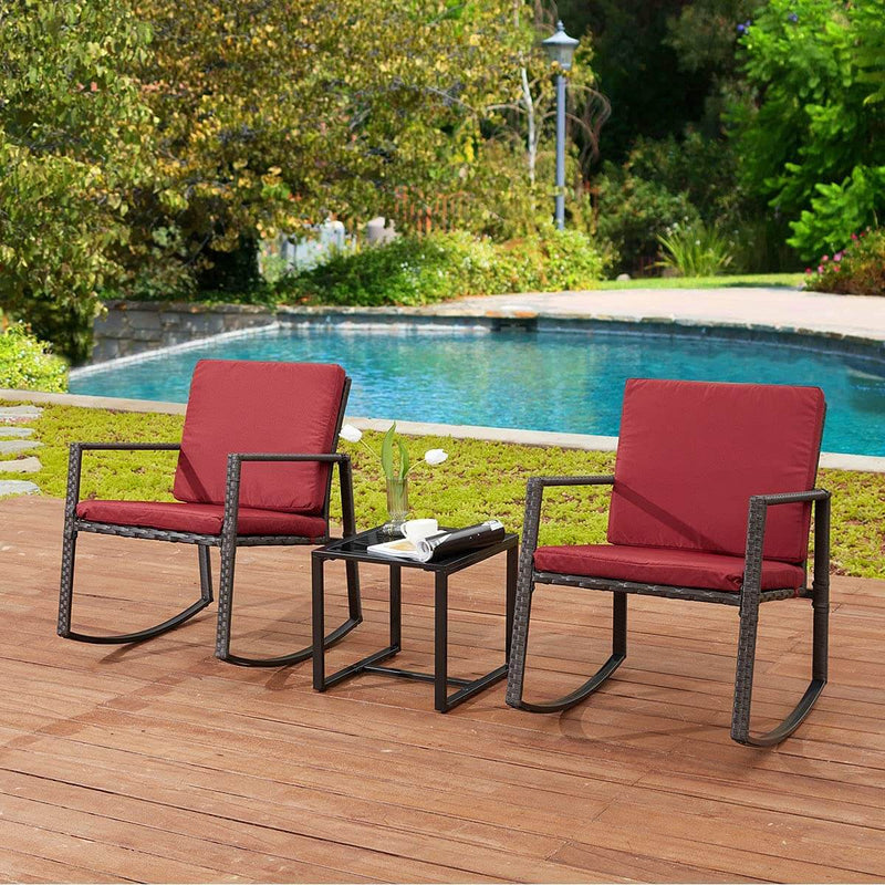 3 Pcs Patio Wicker Rocking Chair Bistro Set Outdoor Conversation Set w/ Cushion & Coffee Table, Red
