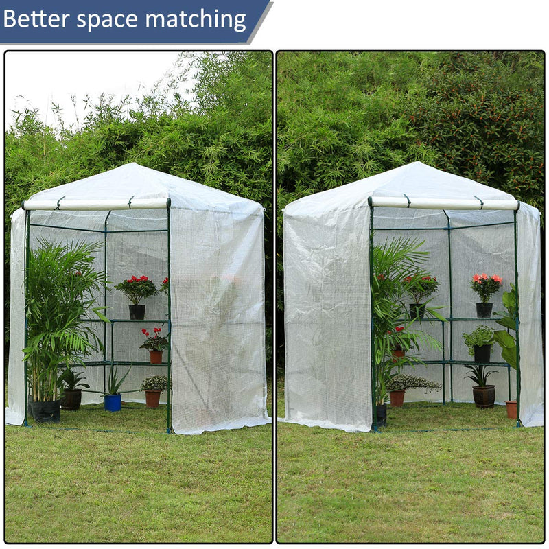 7.5FT Portable Greenhouse 3-Tier Shelf Hexagonal Walk-in Green House Kit,Plant Hot House, White