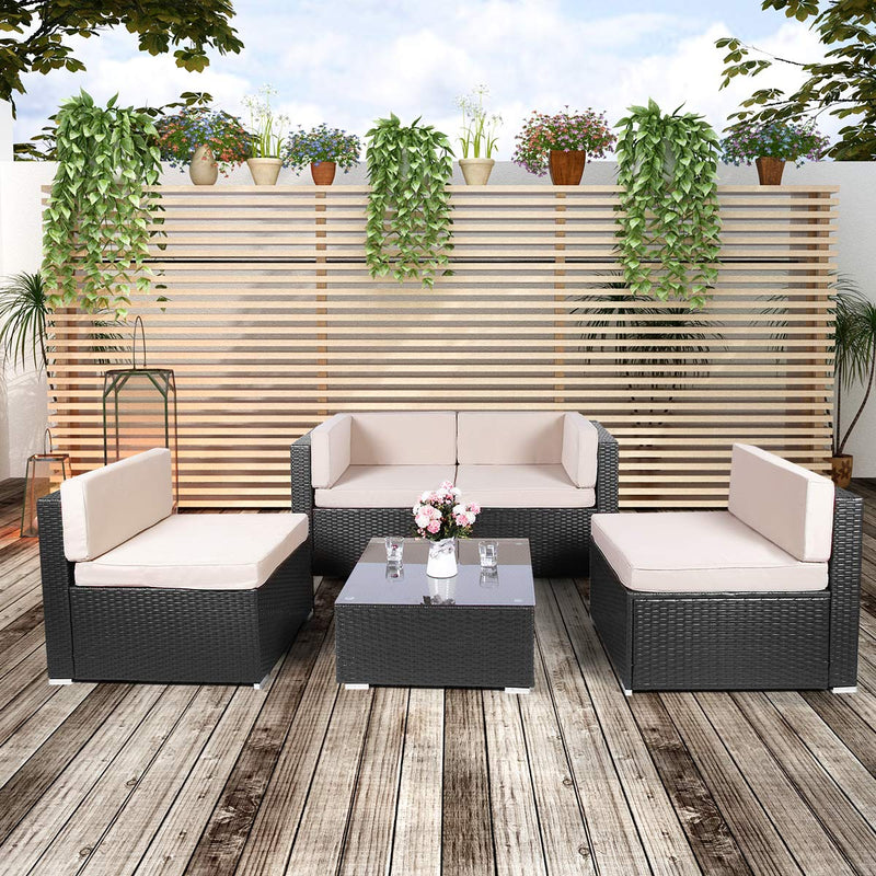5 Pieces Black Outdoor Rattan Sectional Furniture Chair Set with Cushions and Tea Table