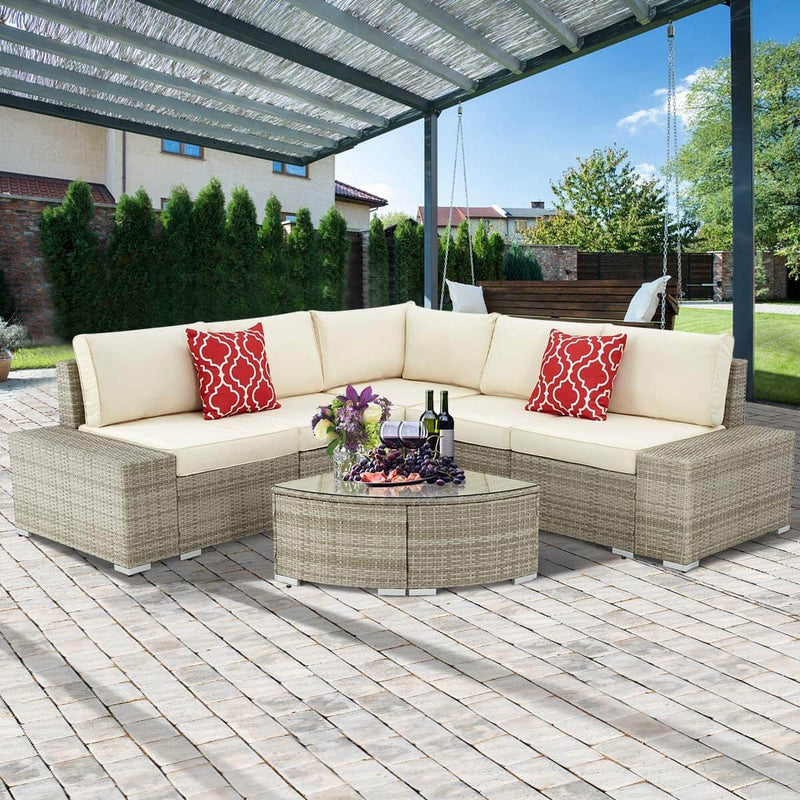 6 Pcs Outdoor Patio Sectional Furniture Set, PE Rattan All Weather Wicker Sofa Set with Cushions Arc-Shaped Table, Gray