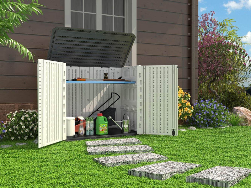 Horizontal Storage Shed Weather Resistance, Multi-Purpose Outdoor Storage Box for Backyards and Patios, 26 Cubic Feet Capacity