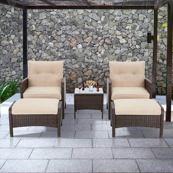 5 Pcs Patio Furniture Set, Brown PE Wicker Rattan Conversation Lounge Set with Ottoman, White & Tan Cushion