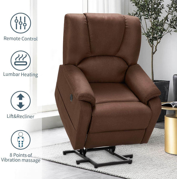 Electric Power Lift Recliner Chair Sofa with Massage and Heat for Elderly, Microfiber Recliner Chair with Side Pockets & USB Port, Brown