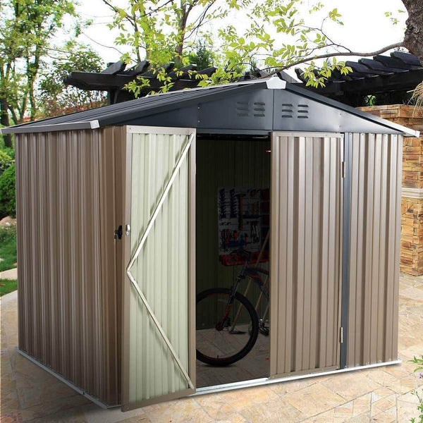 8' x 6' Outdoor Metal Storage Shed, Steel Garden Backyard Sheds with Double Door & Lock, Utility Tool Storage, Gray and Black