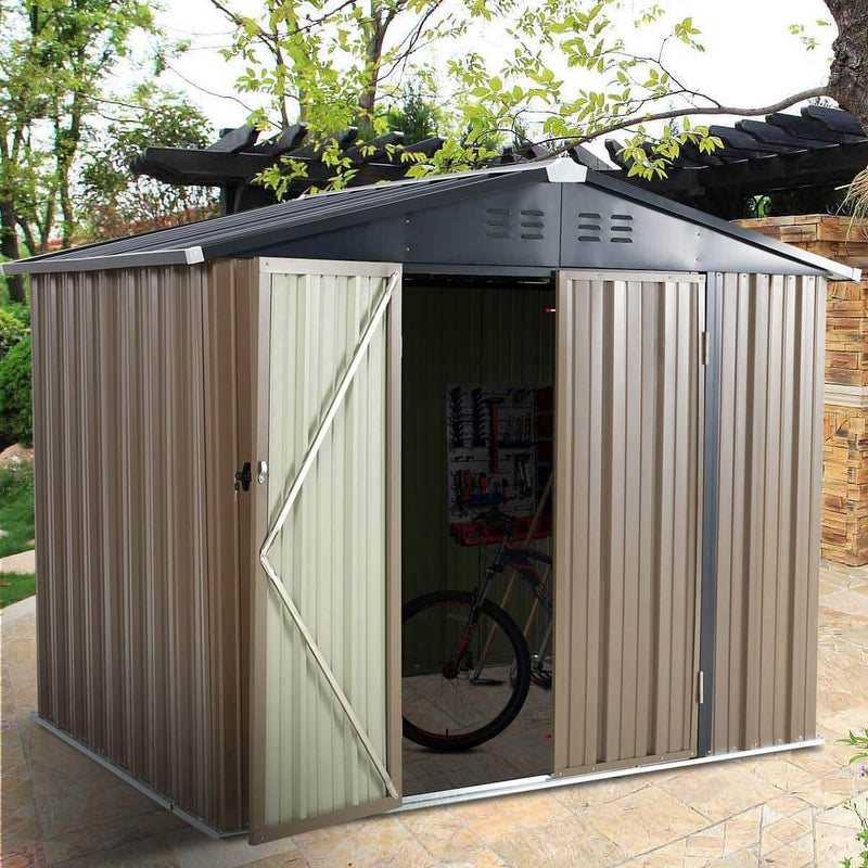 8' x 6' Outdoor Metal Storage Shed, Steel Garden Backyard Sheds with Double Door & Lock, Utility Tool Storage, Gray and Black