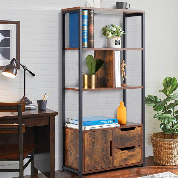 Industrial Bookcase with Cabinets,  Home Office 3-Tier Freestanding Storage Bookshelf, Open Display Shelf