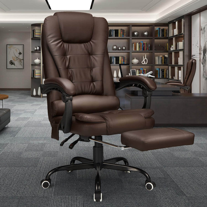 Reclining Leather Office Chair with Retracable Footrest, Ergonomic High Back Executive Adjustable Office Chair (Brown)