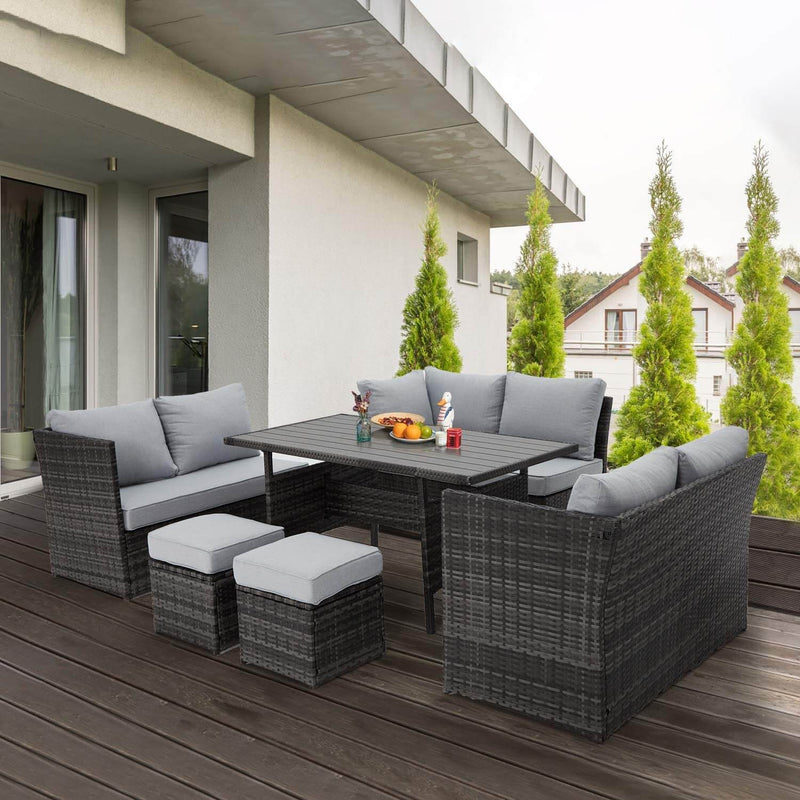 7 Pcs Patio Rattan Dining Sets Outdoor Sectional Sofas with Ottoman