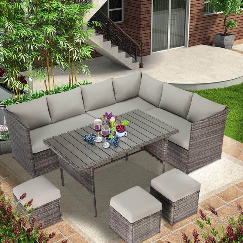 Outdoor Patio Sectional Furniture Set, 7 Pcs Outdoor Conversation Sets, Patio Dining Sets All Weather Wicker Sectional Sofa with Ottoman, Gray