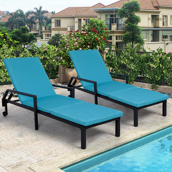 Adjustable Outdoor Chaise Lounge Chair Rattan Wicker Patio Lounge Chair Set of 2 with Cushion and Wheels,Black