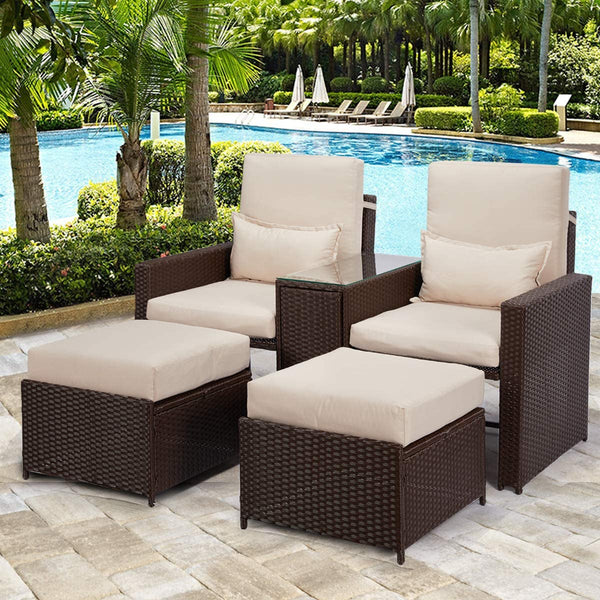5 Pcs Outdoor Furniture Sets PE Wicker Rattan Chair Recliner with Ottoman and Table