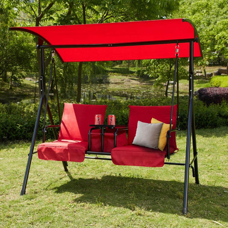 Patio Porch Swing 2 Person Outdoor Swing Chair with Adjustable Tilt Canopy, Table and Storage Console, Red