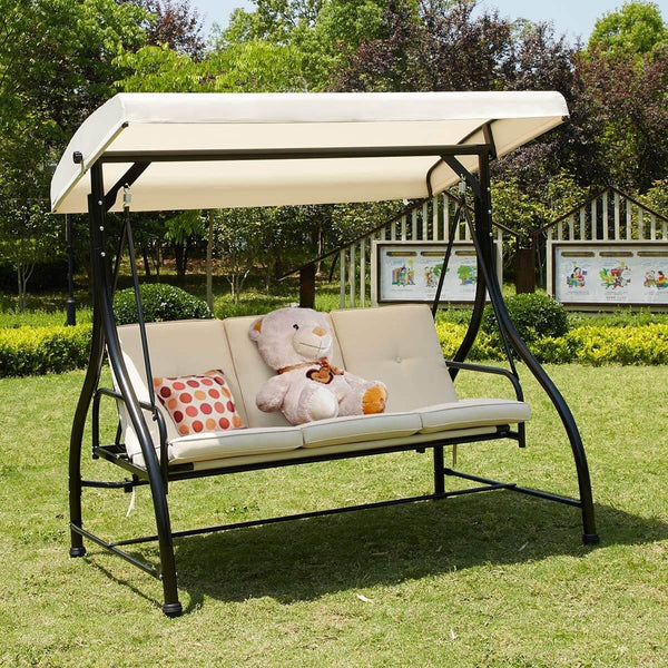 3 Person Patio Porch Swing Outdoor Swing Chair with Adjustable Canopy Weather Resistant Steel Frame & Padded, Beige