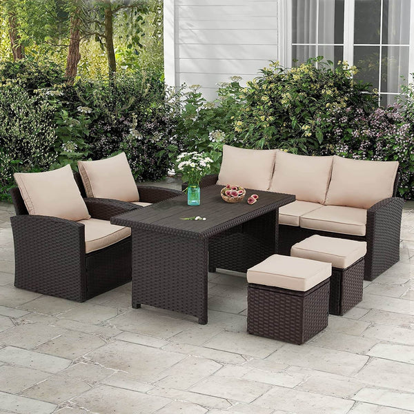 6 Pcs Patio Dining Sofa Set, All Weather Wicker Rattan Dining Set with Ottoman, Beige