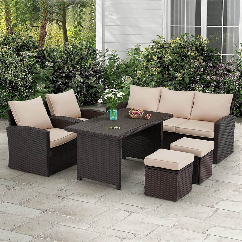 6 Pcs Patio Dining Sofa Set, All Weather Wicker Rattan Dining Set with Ottoman, Beige