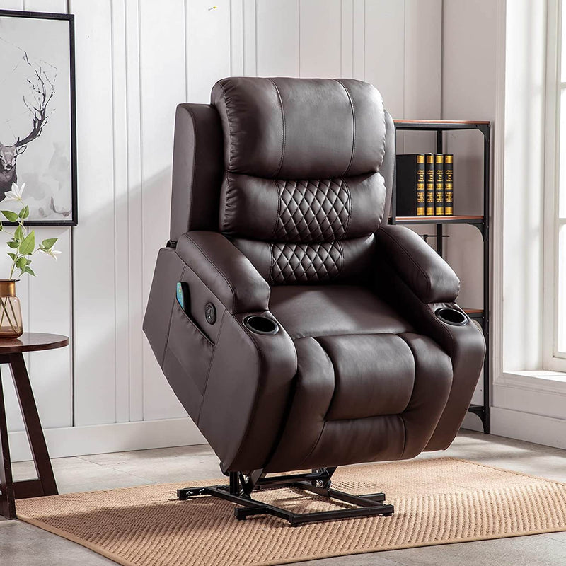 Power Lift Recliner Chair with Heated & Vibration Massage for Elderly, PU Leather Electric Recliner Sofa with Diamond Lattice Backrest Design(Brown)