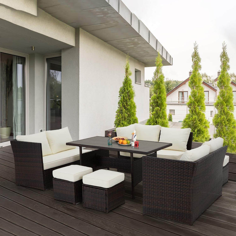 7 Pcs Patio Rattan Sectional Sofa Outdoor Dining Set with Ottoman